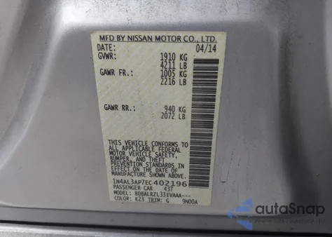 2014 Nissan Altima 2.5/2.5 S/2.5 Sl/2.5 Sv z USA, uszkodzony, nr VIN 1N4AL3AP7EC402196